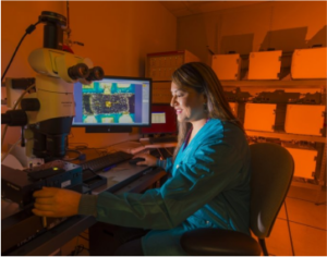 A woman working in a lab analyzes samples.